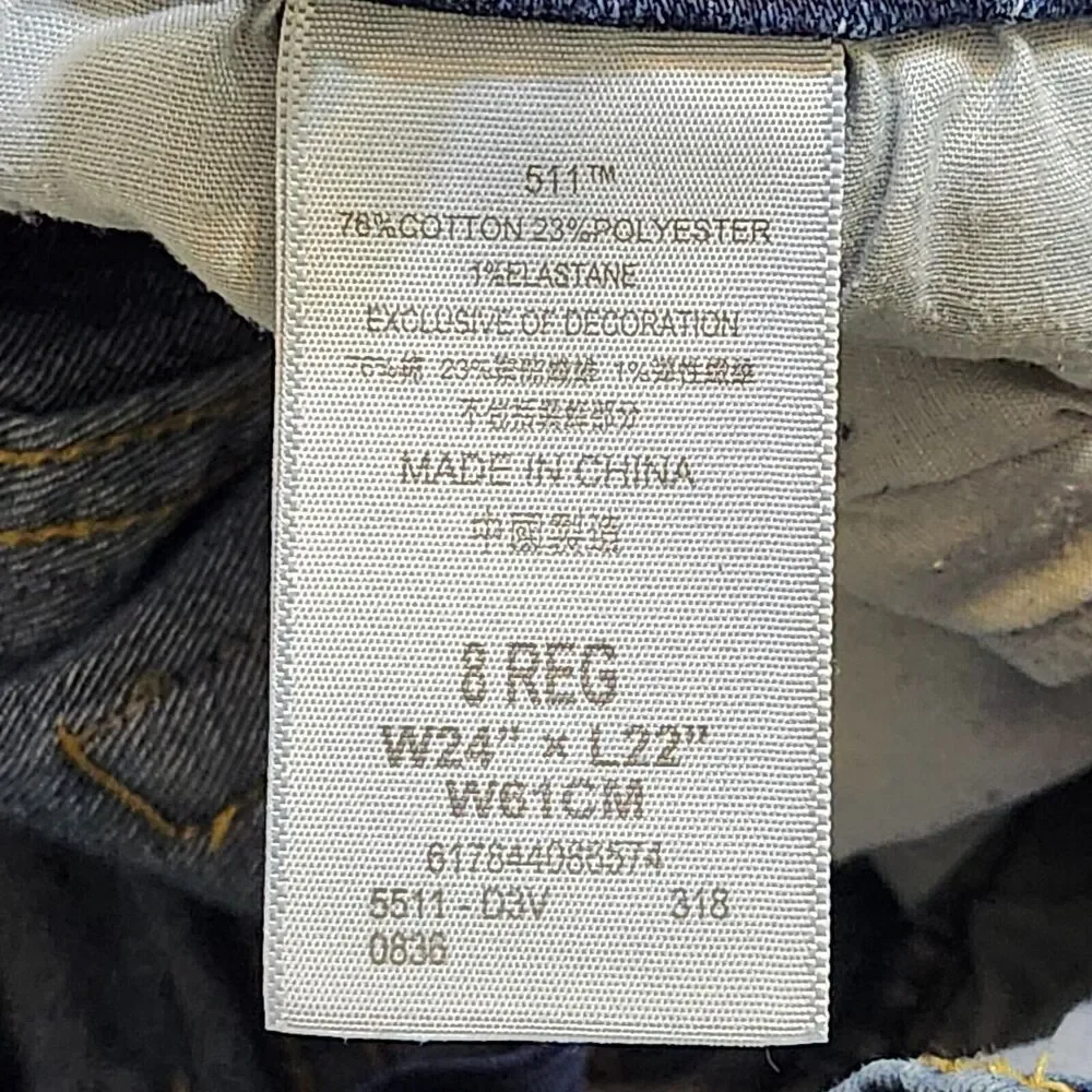Levis 511 Slim Jeans Youth Girls‎ Size 8 Reg Low Rise Blue 24x22 Teens Stretch